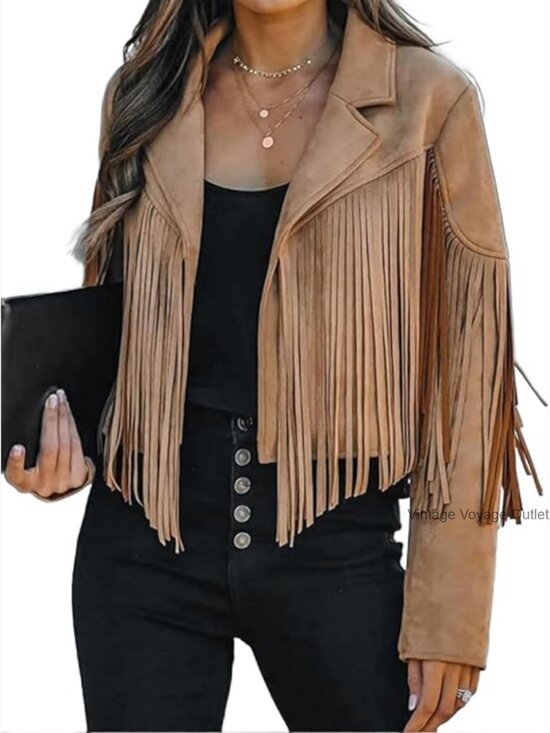 Jackets & Blazers - Faux Leather Cropped Jacket with Fringe Tassels, Western Style, Regular Fit